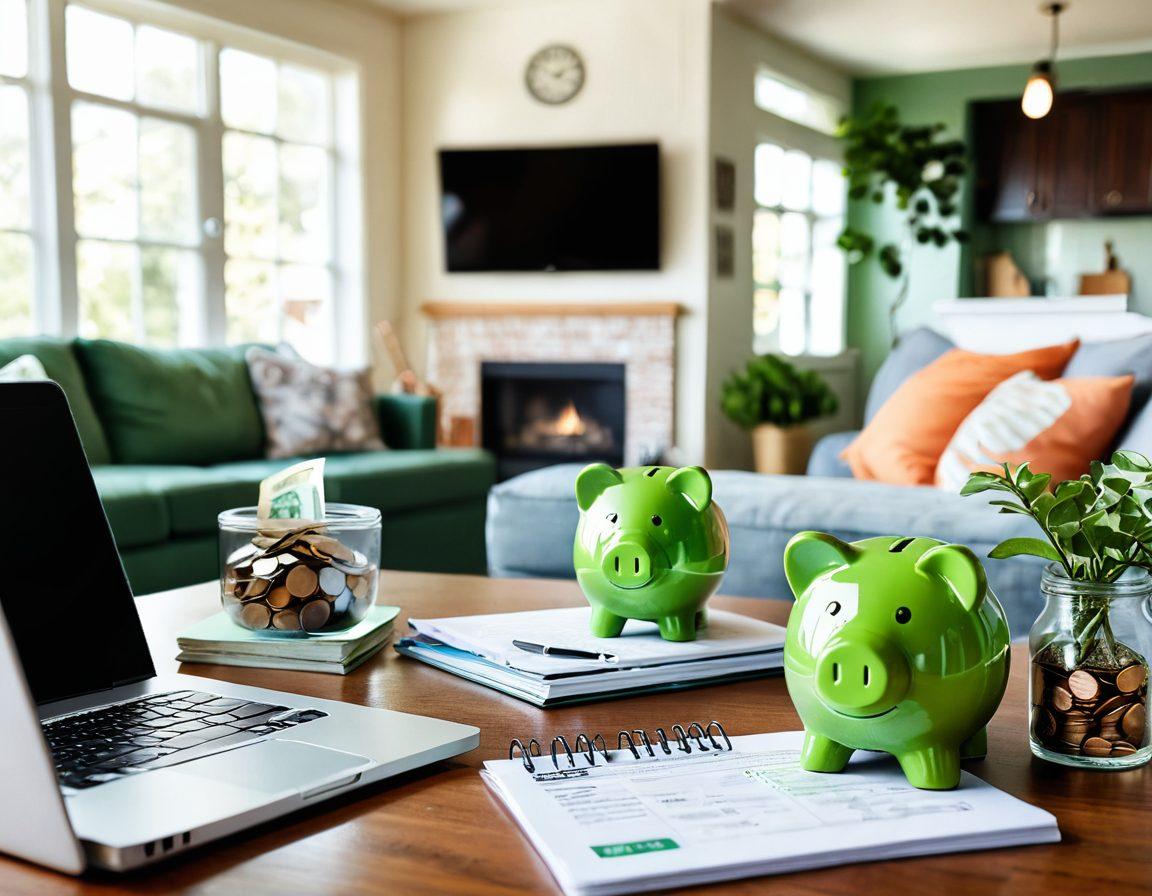 An inviting living room showcasing a cozy atmosphere with a piggy bank overflowing with coins, a laptop displaying home loan rates, and a clipboard filled with budget plans. Overlay subtle hints of green for growth, and include a couple discussing their home loan options in the background. The scene exudes a sense of financial planning and tranquility. vibrant colors. super-realistic.