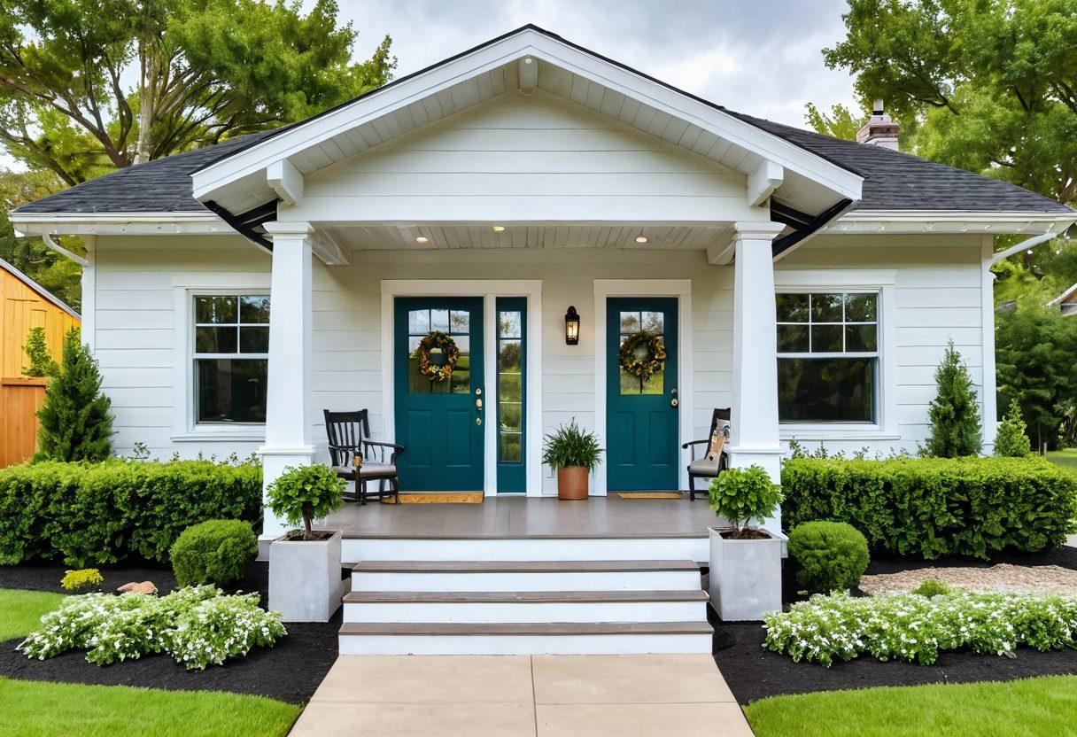 An inviting modern home with a welcoming front porch, surrounded by greenery, signifying warmth and comfort. Incorporate visual elements like floating dollar signs and keys, symbolizing financing and unlocking potential. Display a chart or graph in the background showing mortgage trends, hinting at informed decisions. Use a bright, uplifting color palette to convey optimism and opportunity. super-realistic. vibrant colors. white background.