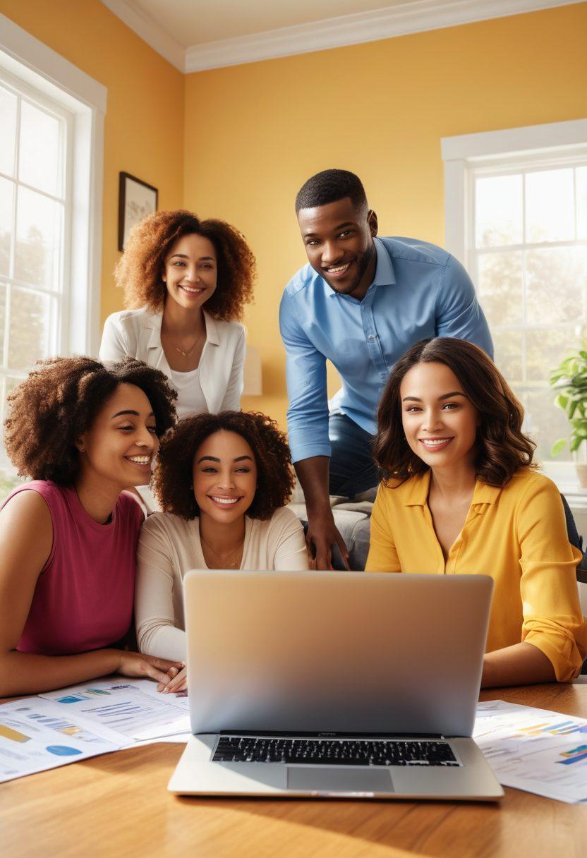 A diverse group of first-time homebuyers gathered around a table, examining mortgage options with laptops, documents, and financial graphs scattered around. Include a sunny and welcoming home in the background, symbolizing dreams and opportunities. Add elements of empowerment like a rising sun or uplifting quotes subtly incorporated into the scene. vibrant colors. super-realistic.